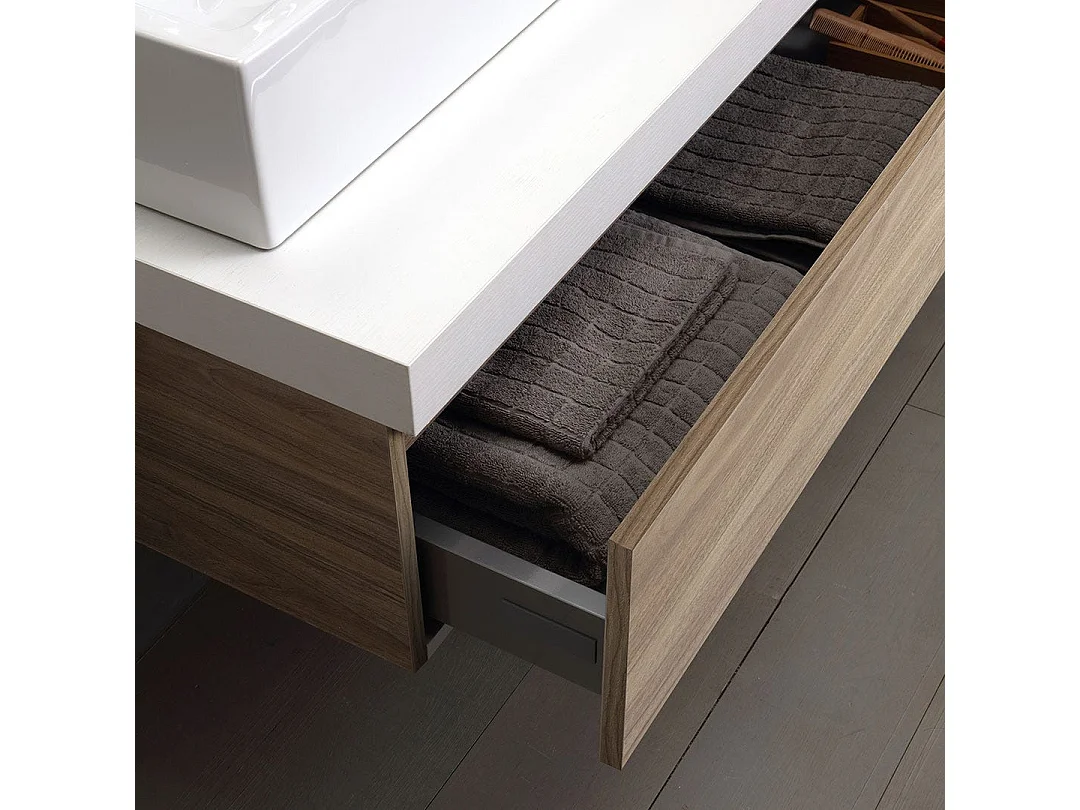 Meuble De Salle De Bain Suspendu 180Cm En Chêne Avec Plateau Blanc | Valentina