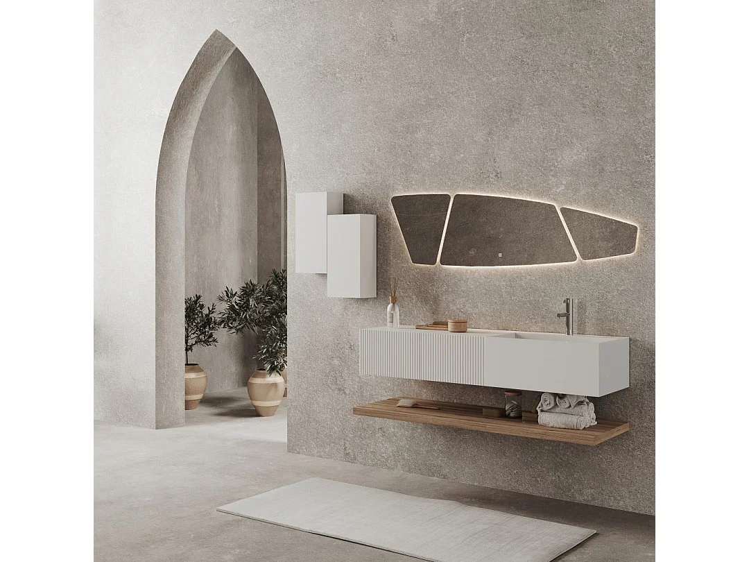Meuble De Salle De Bains Suspendu 140Cm De Design Blanc Et Bois Miel | Rodi