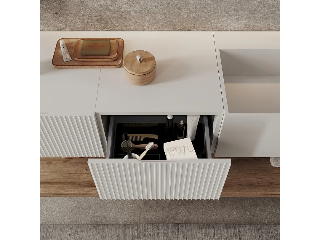 Meuble De Salle De Bains Suspendu 140Cm De Design Blanc Et Bois Miel | Rodi