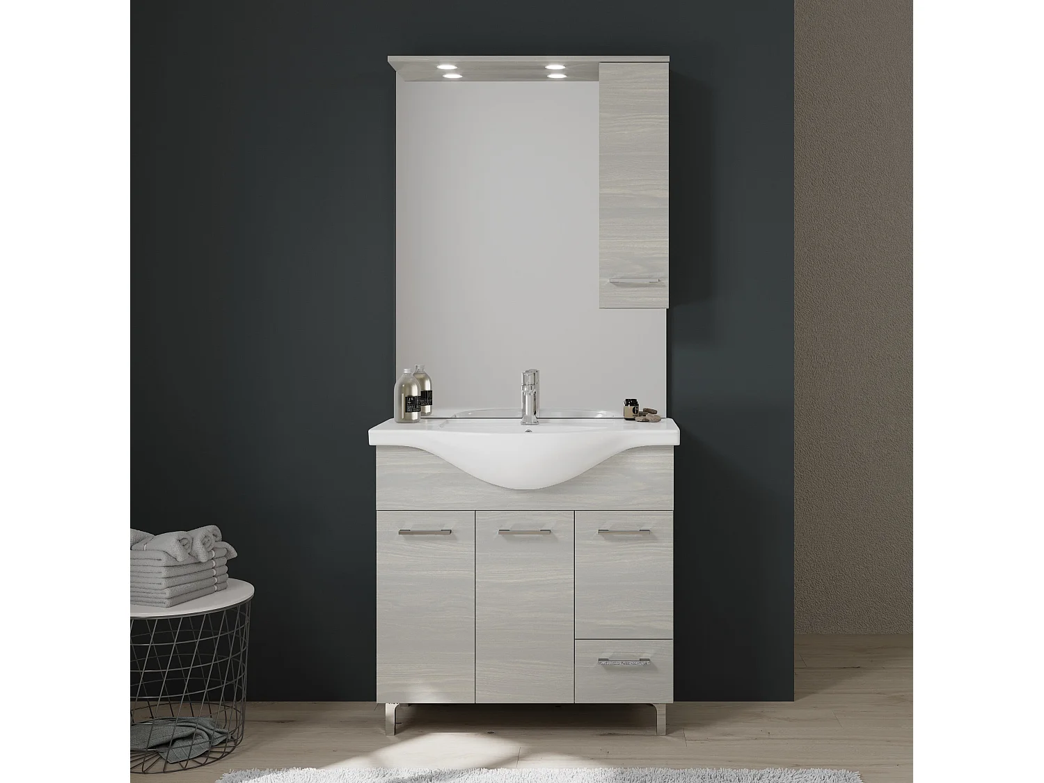 Meuble De Salle De Bains De 85 Cm Sur Pieds Chromés Chêne Gris | Rimini