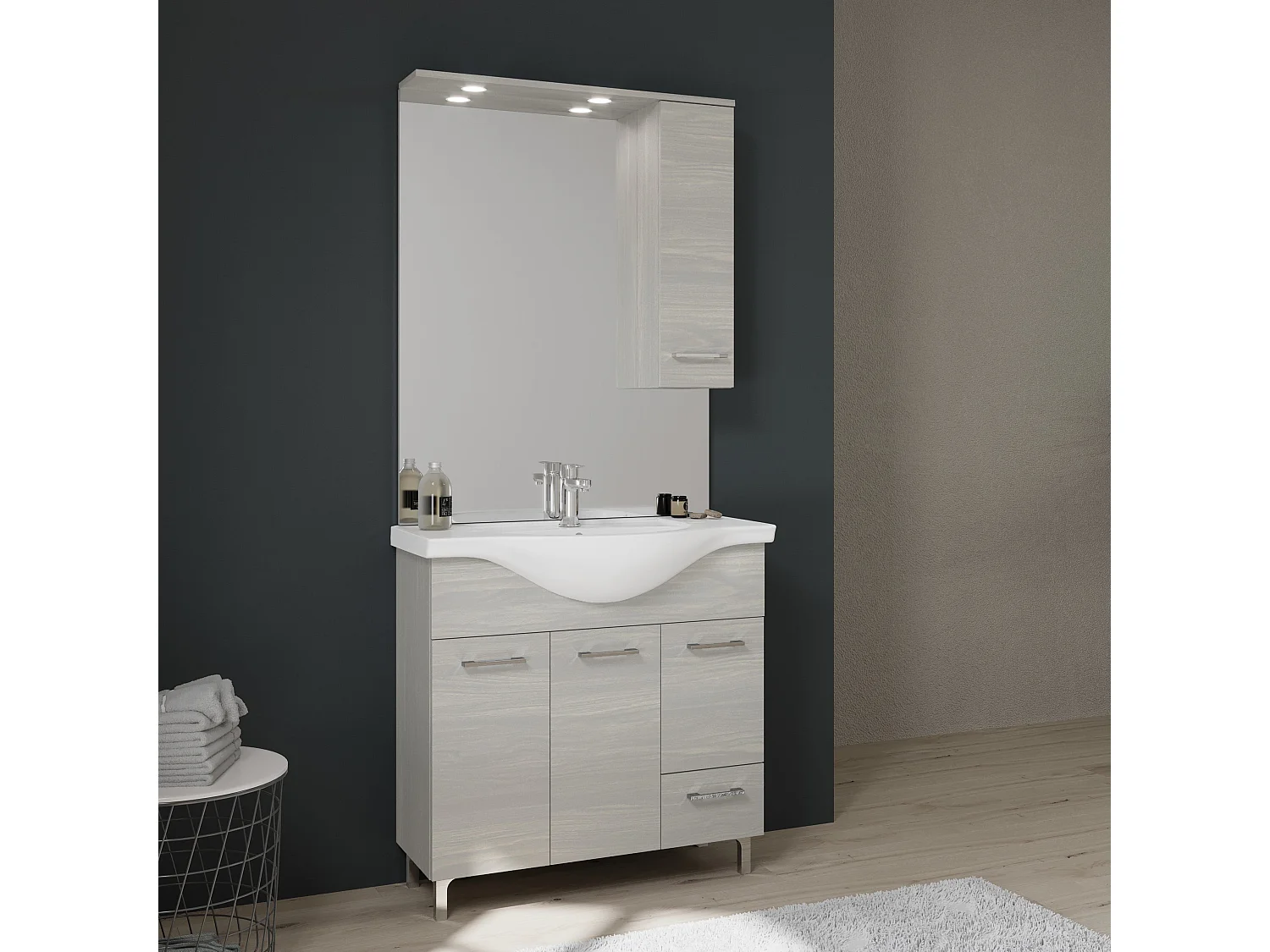 Meuble De Salle De Bains De 85 Cm Sur Pieds Chromés Chêne Gris | Rimini