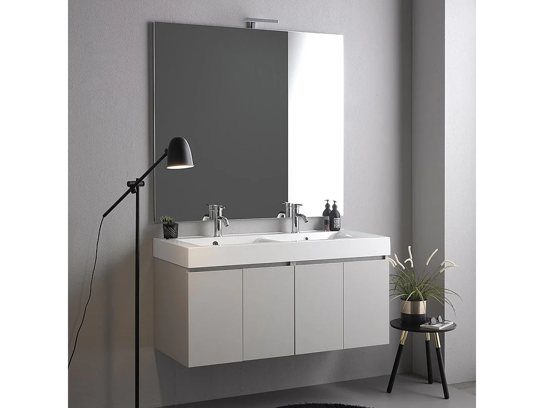 Meuble De Salle De Bains Suspendu 120Cm Gris Perle, Lavabo 2 Bacs Et Miroir | Valentina