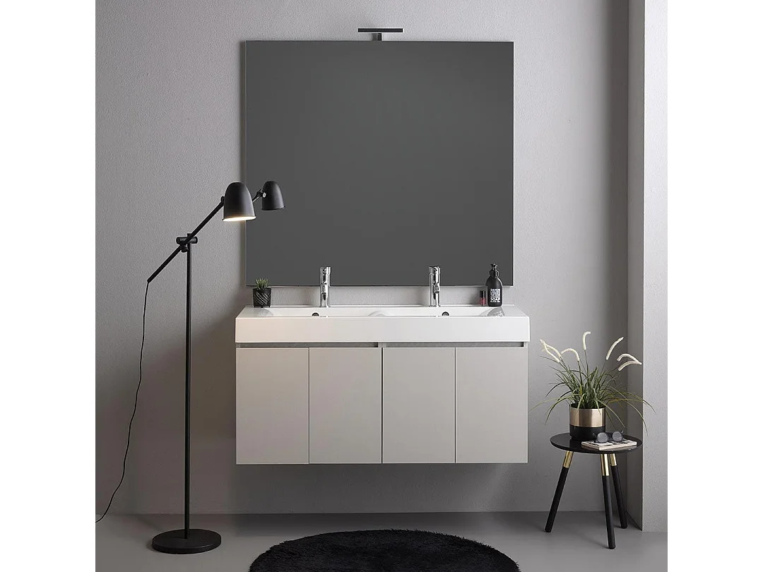 Meuble De Salle De Bains Suspendu 120Cm Gris Perle, Lavabo 2 Bacs Et Miroir | Valentina