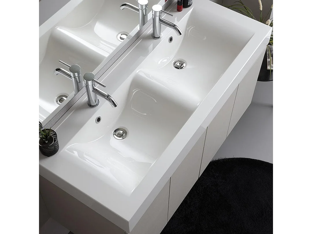 Meuble De Salle De Bains Suspendu 120Cm Gris Perle, Lavabo 2 Bacs Et Miroir | Valentina