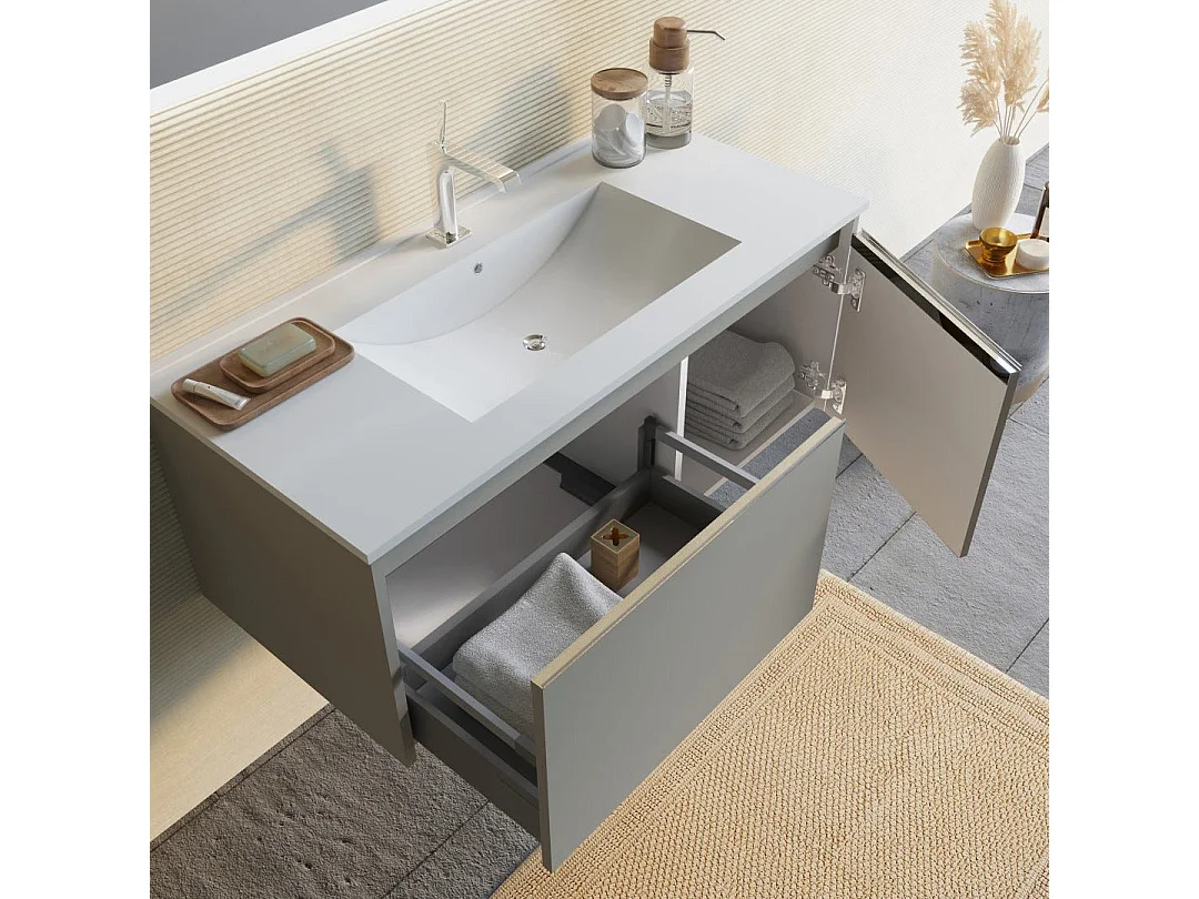 Armoire De Salle De Bain Murale 100Cm Avec Porte Et Tiroir Sable Mat | Monaco