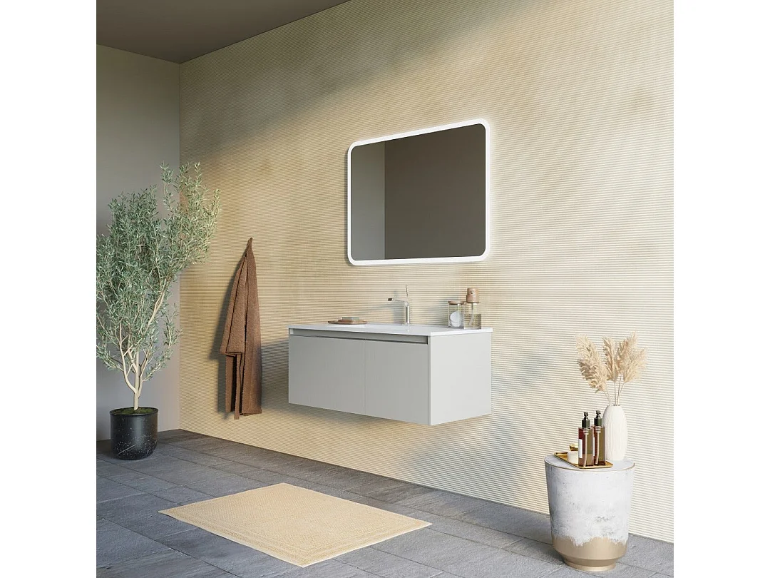 Armoire De Salle De Bain Murale 100Cm Avec Porte Et Tiroir Sable Mat | Monaco