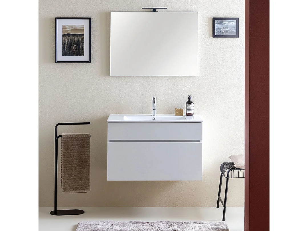 Meuble De Salle De Bains Suspendu De 80 Cm Blanc Effect Bois | Sole