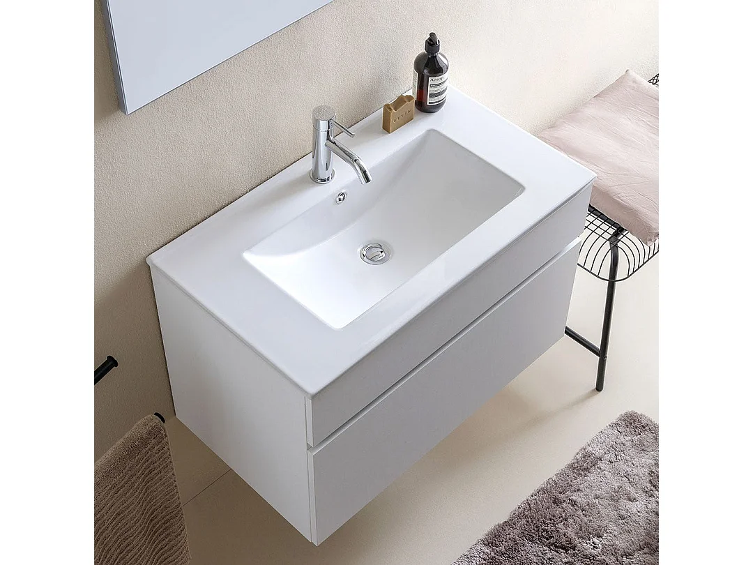 Meuble De Salle De Bains Suspendu De 80 Cm Blanc Effect Bois | Sole
