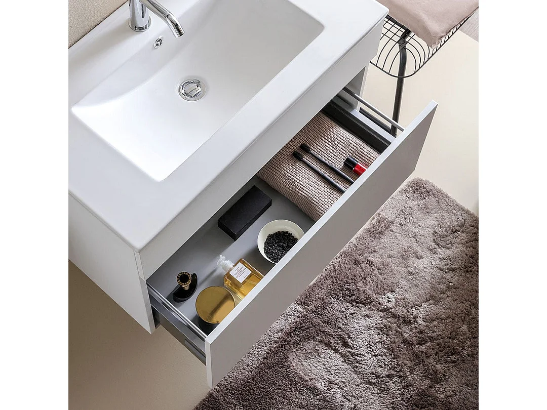 Meuble De Salle De Bains Suspendu De 80 Cm Blanc Effect Bois | Sole