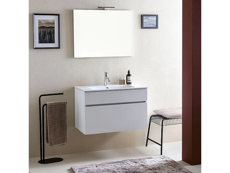 Meuble De Salle De Bains Suspendu De 80 Cm Blanc Effect Bois | Sole