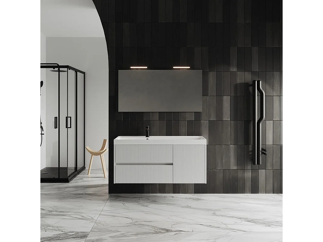 Mobilier De Salle De Bain Suspendu 120Cm Blanc Mat Canneleté | Cortina