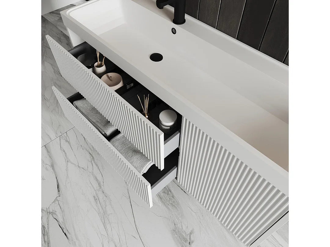 Mobilier De Salle De Bain Suspendu 120Cm Blanc Mat Canneleté | Cortina