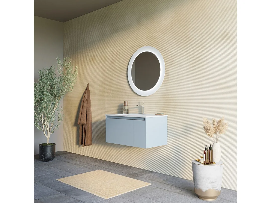 Meuble De Salle De Bain Mural 80Cm Bleu Clair Mat Avec Miroir Rond  | Monaco