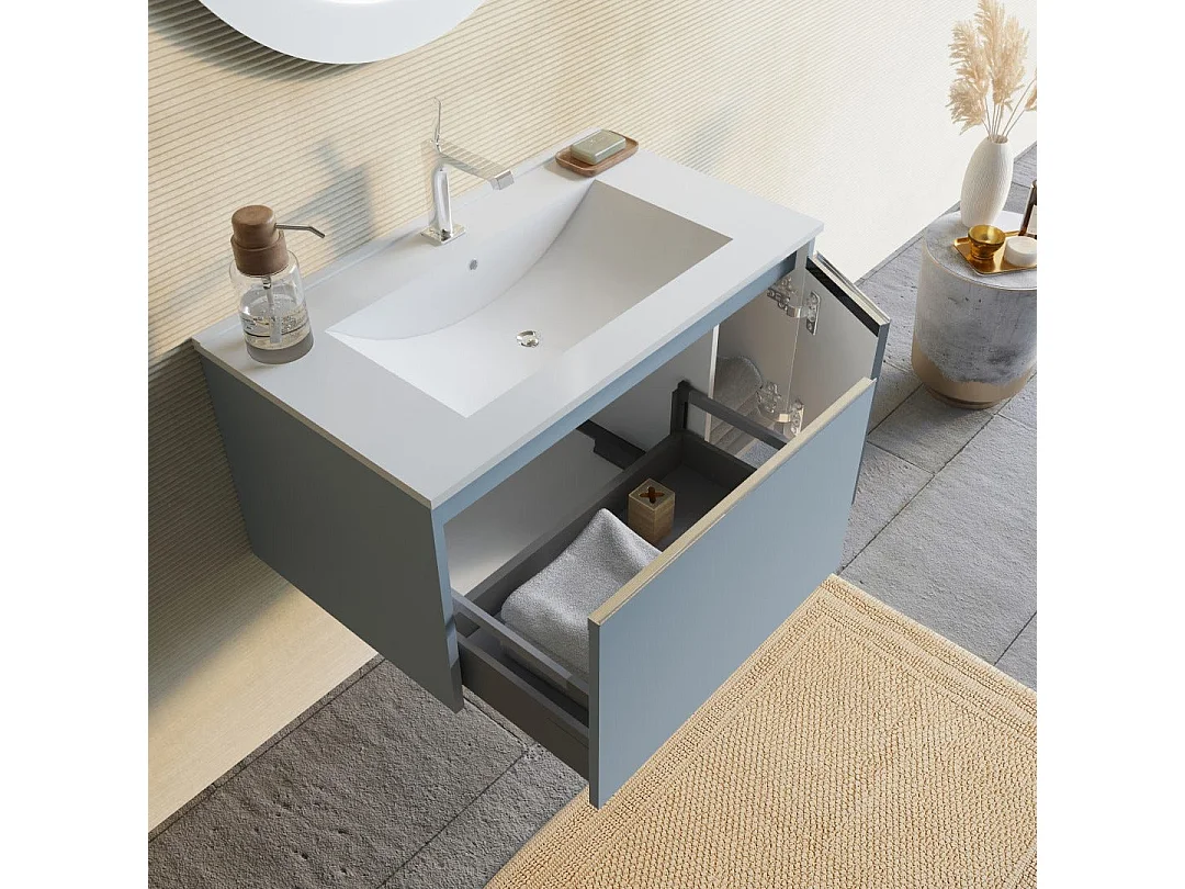 Meuble De Salle De Bain Mural 80Cm Bleu Clair Mat Avec Miroir Rond  | Monaco