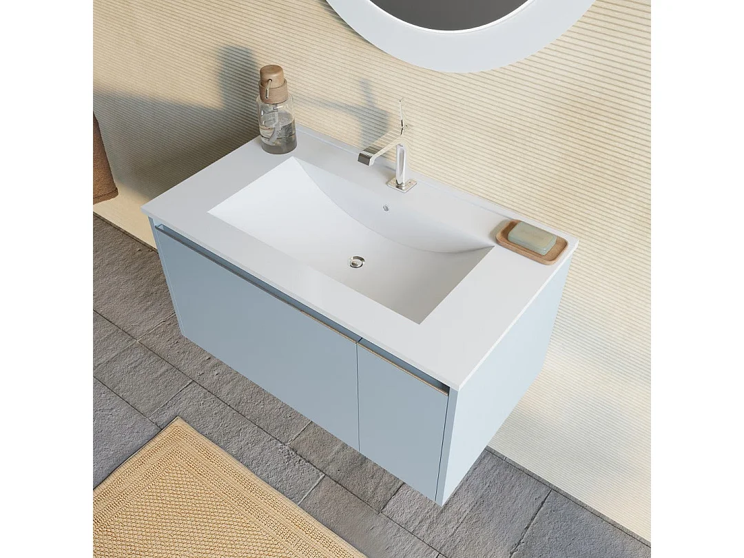 Meuble De Salle De Bain Mural 80Cm Bleu Clair Mat Avec Miroir Rond  | Monaco