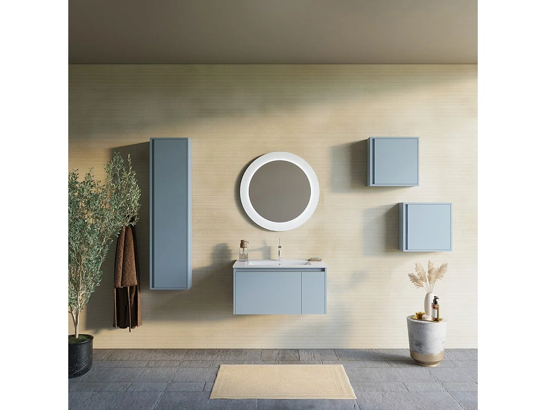 Meuble De Salle De Bain Mural 80Cm Bleu Clair Mat Avec Miroir Rond  | Monaco