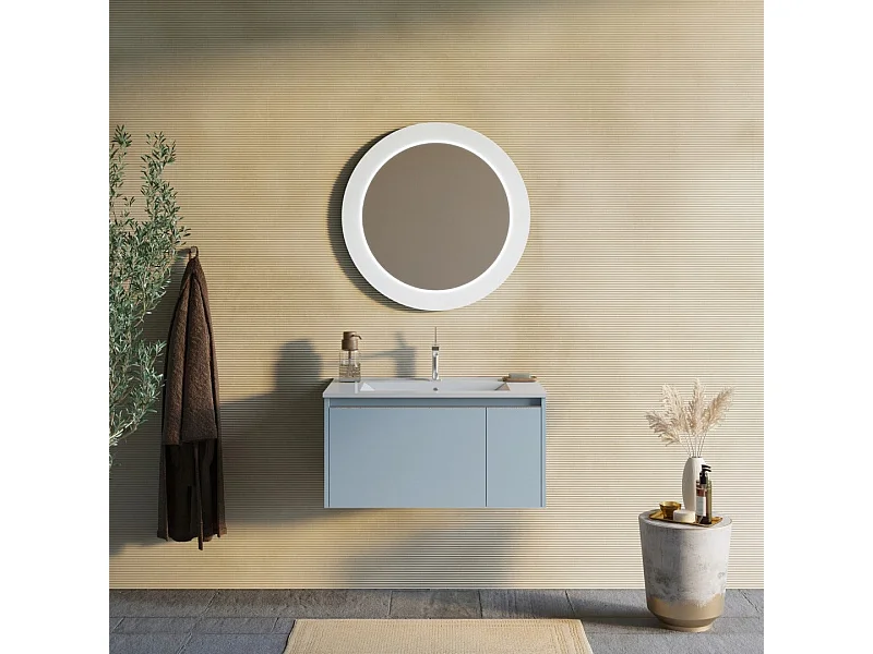 Meuble De Salle De Bain Mural 80Cm Bleu Clair Mat Avec Miroir Rond  | Monaco