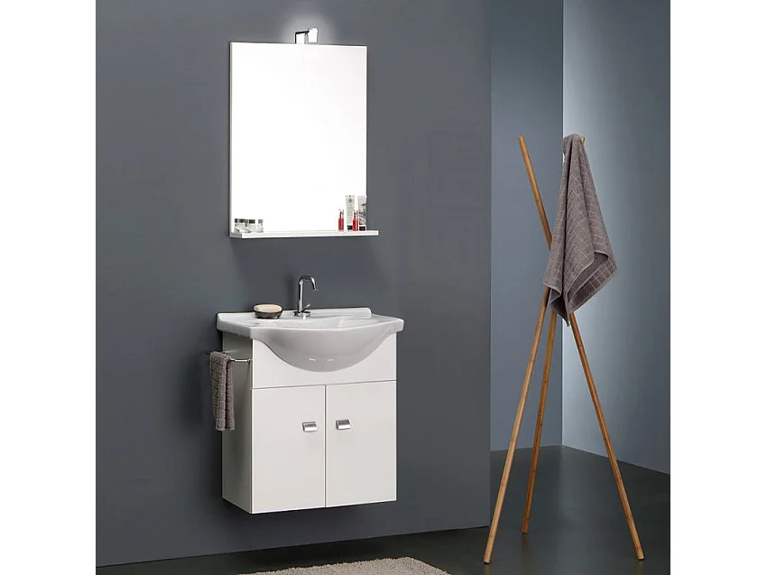 Meuble De Bain Blanc Economique 56 Cm + Lavabo, Miroir Et Lumiere