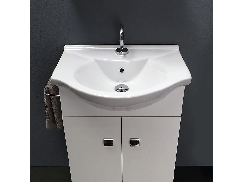 Meuble De Bain Blanc Economique 56 Cm + Lavabo, Miroir Et Lumiere