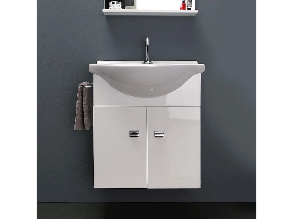 Meuble De Bain Blanc Economique 56 Cm + Lavabo, Miroir Et Lumiere
