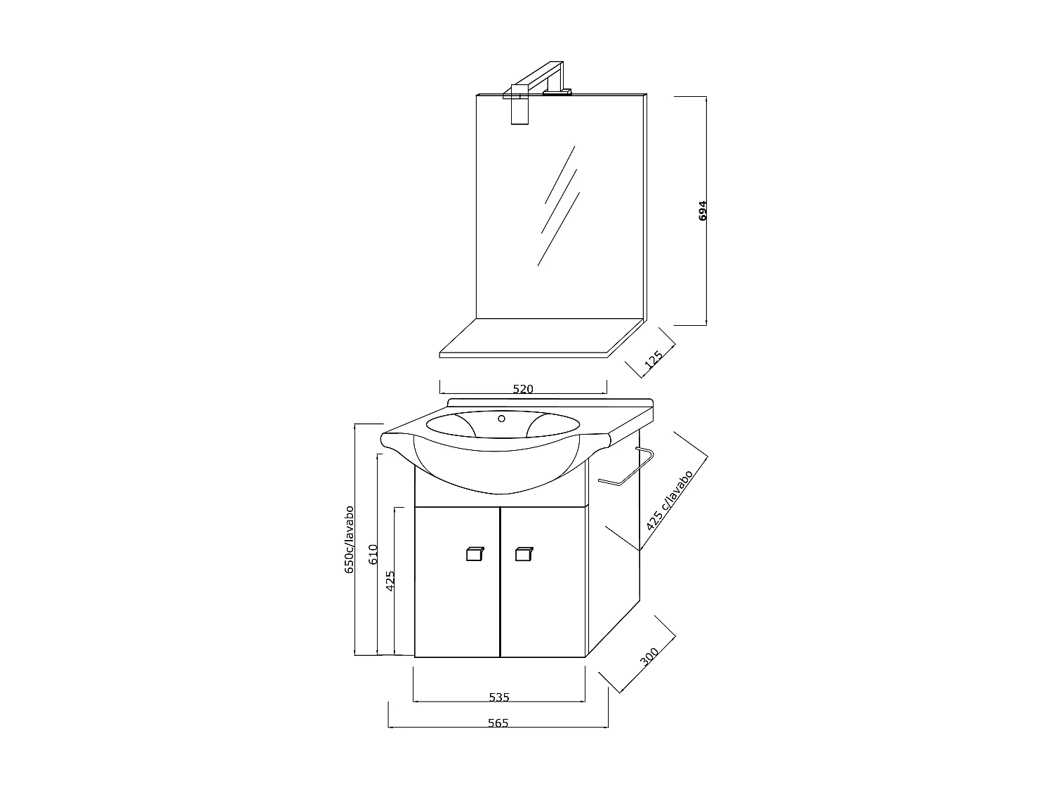 Meuble De Bain Blanc Economique 56 Cm + Lavabo, Miroir Et Lumiere