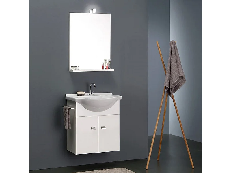 Meuble De Bain Blanc Economique 56 Cm + Lavabo, Miroir Et Lumiere