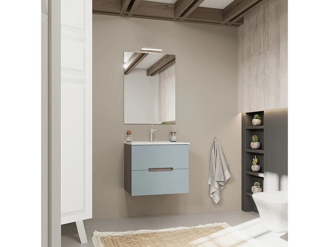 Meuble De Salle De Bain Suspendu 60Cm Chêne Naturel Et Frontal Bleu Mat | Magnolia