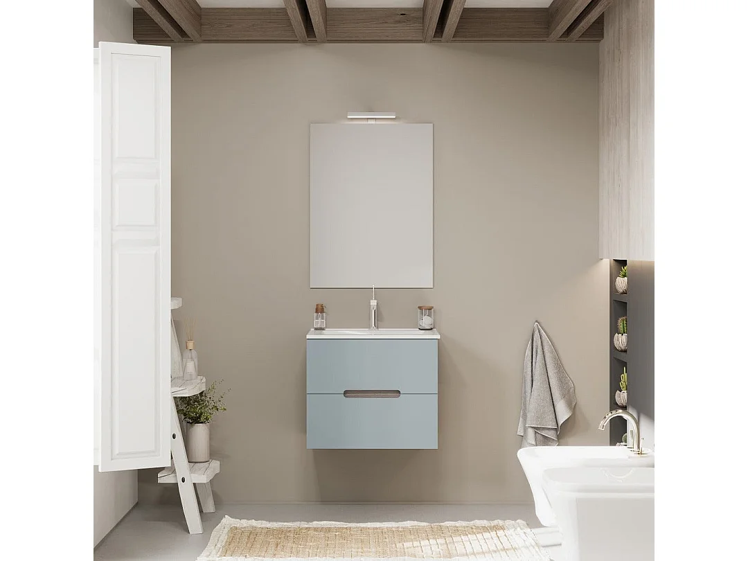 Meuble De Salle De Bain Suspendu 60Cm Chêne Naturel Et Frontal Bleu Mat | Magnolia