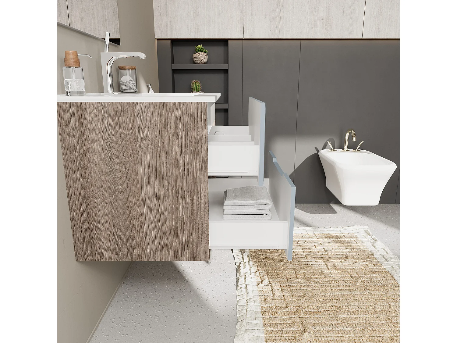 Meuble De Salle De Bain Suspendu 60Cm Chêne Naturel Et Frontal Bleu Mat | Magnolia