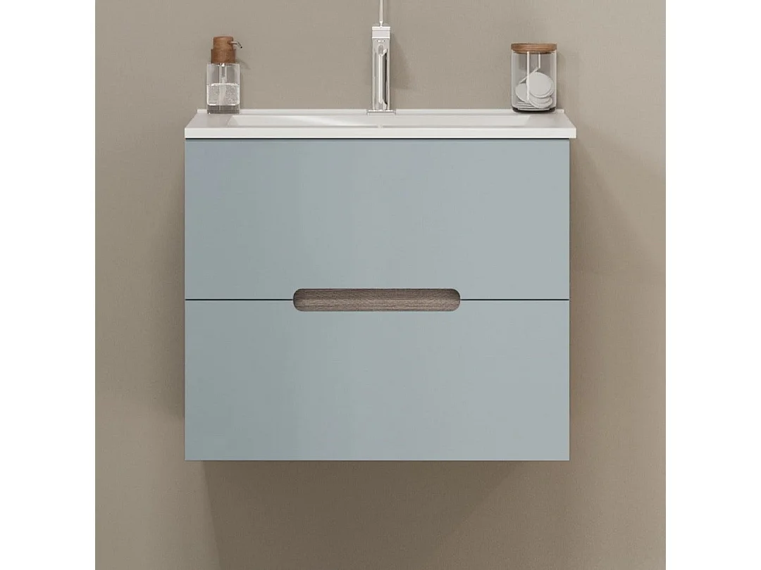 Meuble De Salle De Bain Suspendu 60Cm Chêne Naturel Et Frontal Bleu Mat | Magnolia