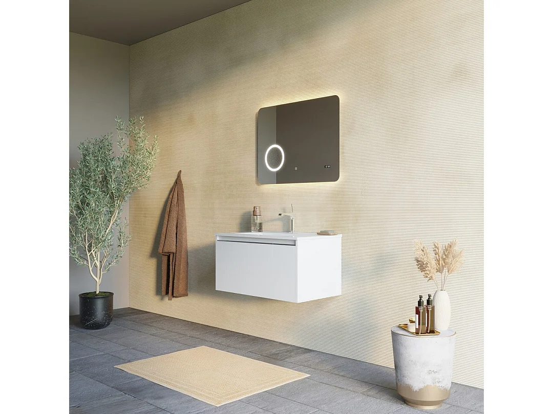 Armoire De Toilette Suspendue 80Cm Blanc Mat Miroir 80X60 Touch Led  | Monaco
