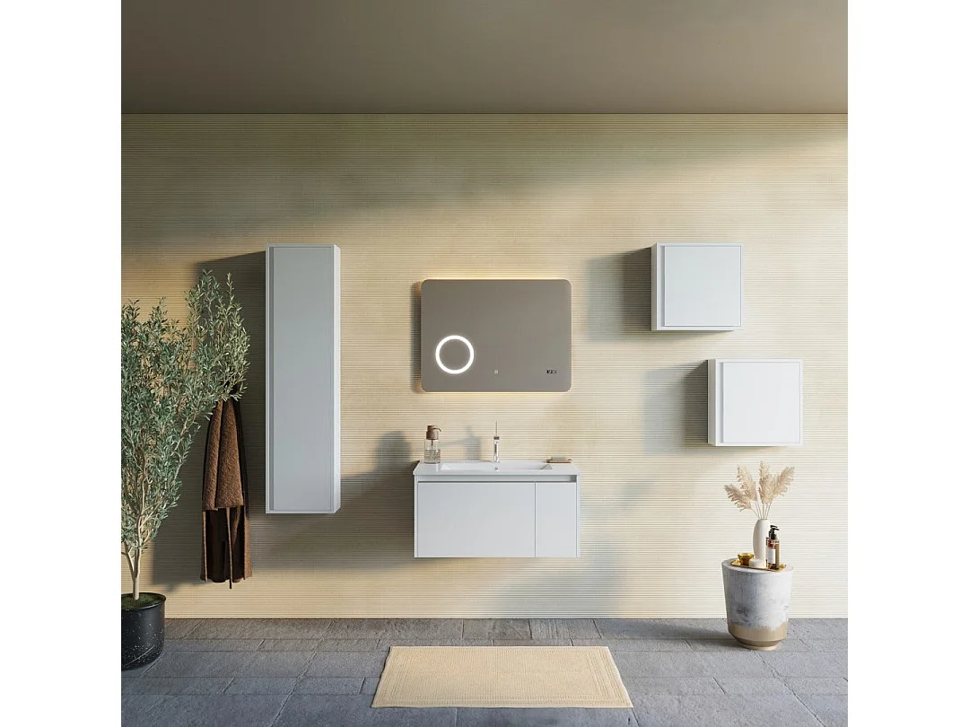 Armoire De Toilette Suspendue 80Cm Blanc Mat Miroir 80X60 Touch Led  | Monaco