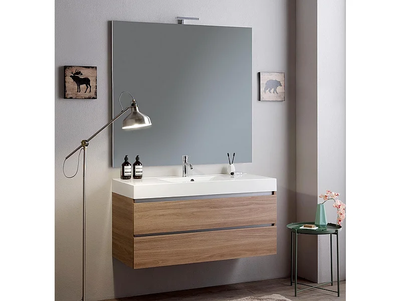 Meuble Salle De Bain Suspendu 2 Tiroirs Chêne Naturel, Lavabo Et Miroir 110X120 | Valentina