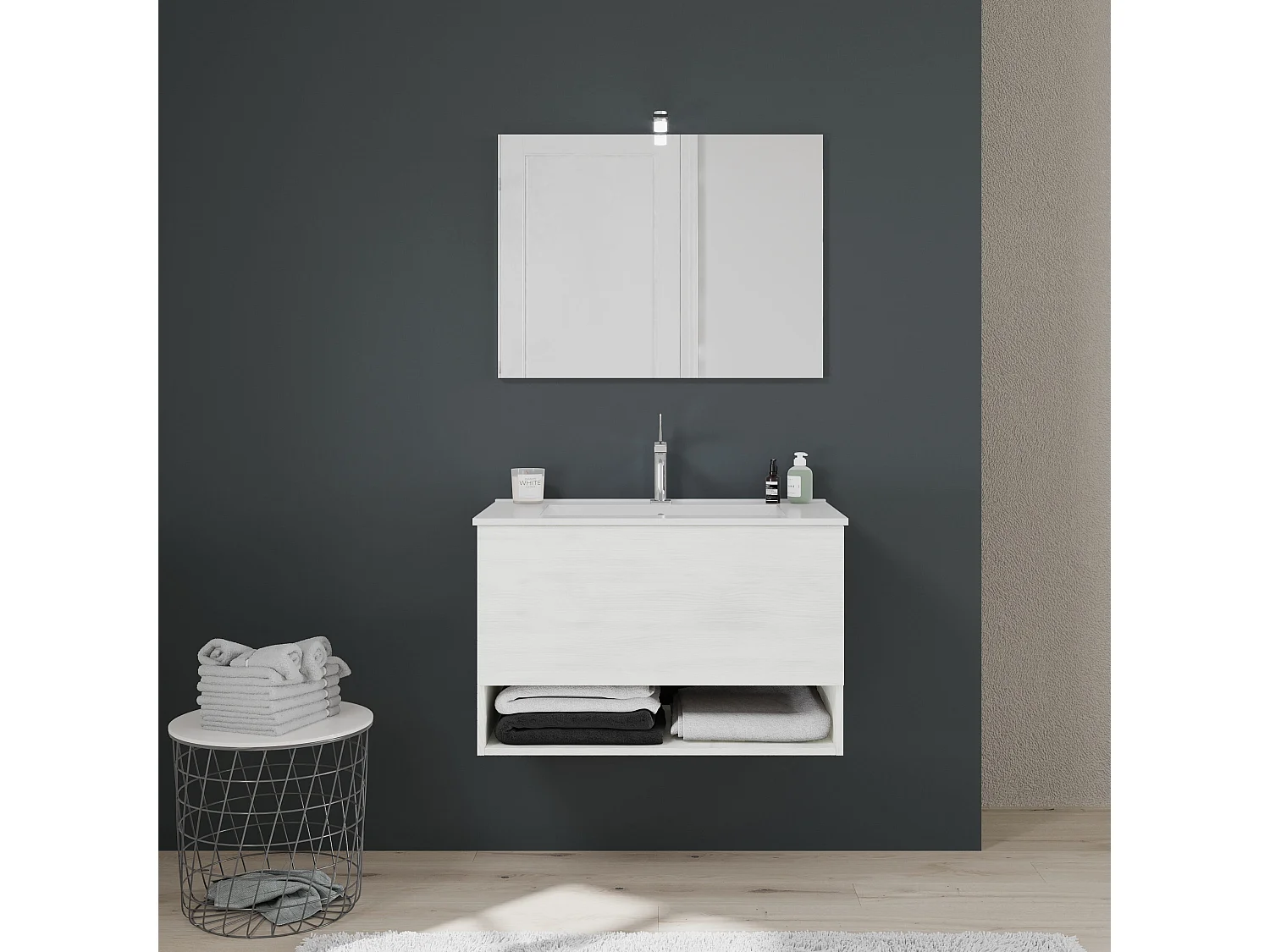 Meuble Suspendu Pour Salle De Bain Avec Tiroir Et Compartiment Ouvert Blanc Aspect Bois | Venezia