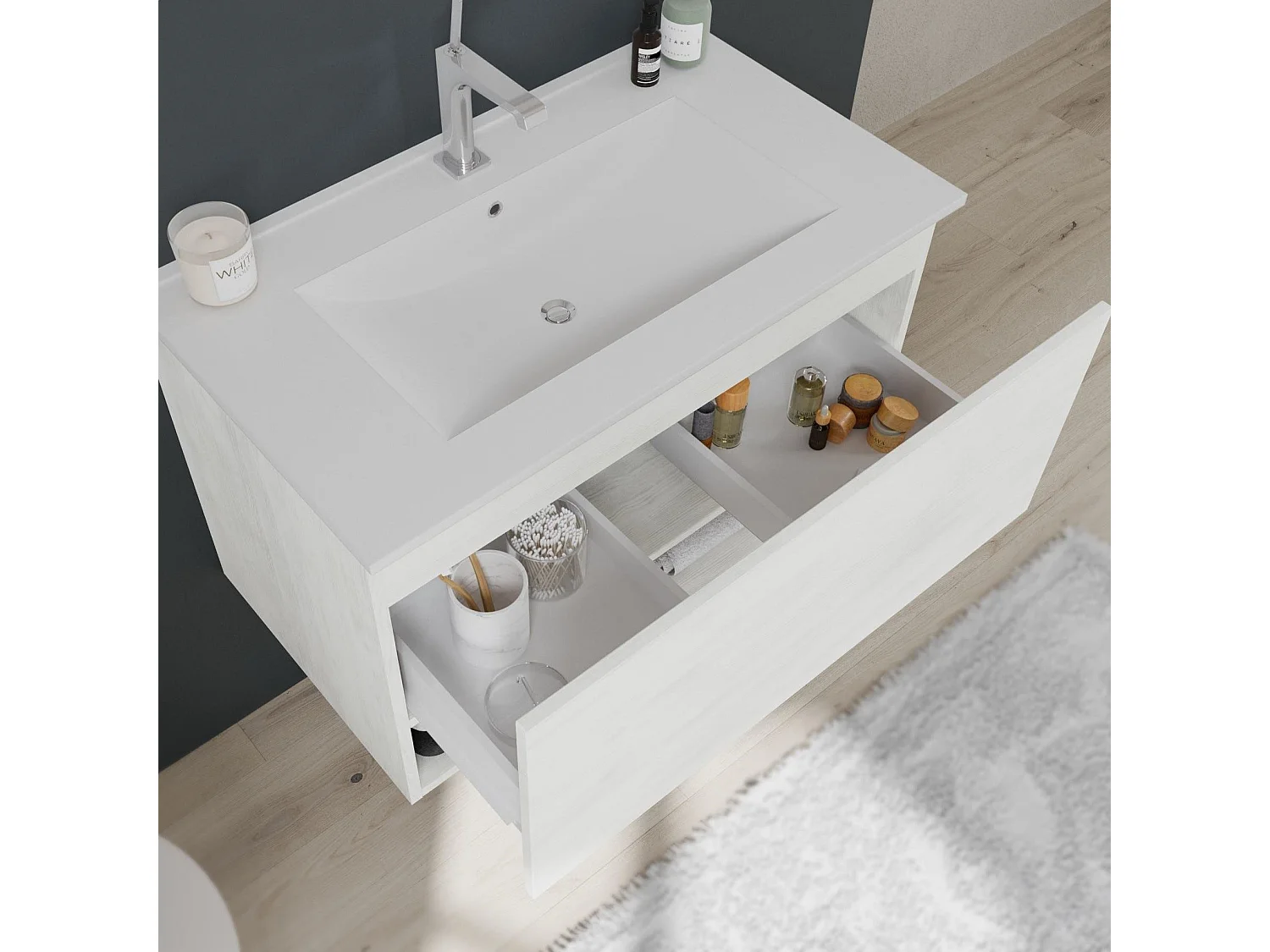 Meuble Suspendu Pour Salle De Bain Avec Tiroir Et Compartiment Ouvert Blanc Aspect Bois | Venezia