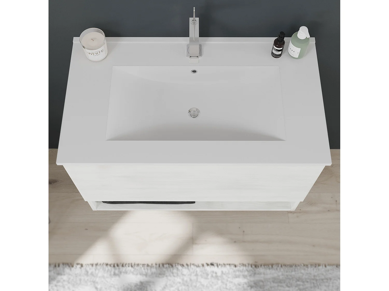 Meuble Suspendu Pour Salle De Bain Avec Tiroir Et Compartiment Ouvert Blanc Aspect Bois | Venezia
