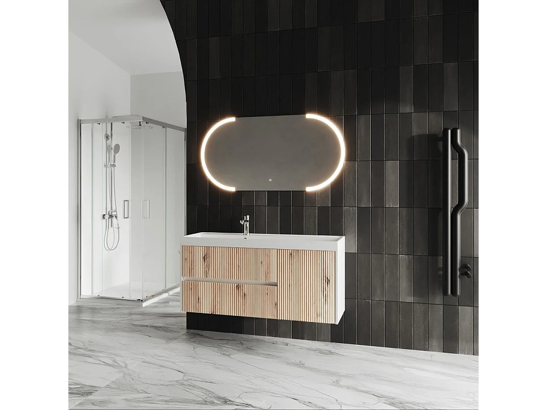 Mobile De Salle De Bain Suspendu 120Cm En Chêne Doré Avec Miroir Led Touch | Cortina