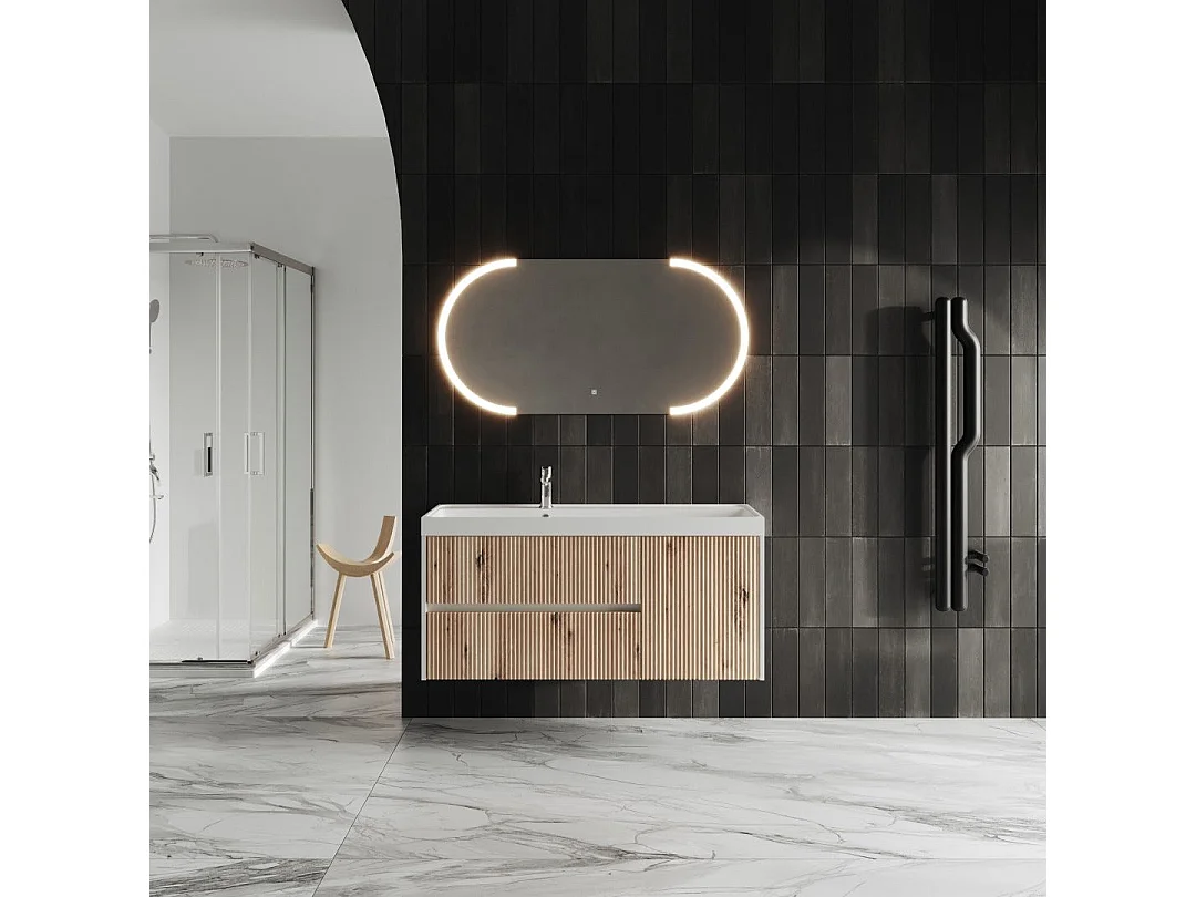 Mobile De Salle De Bain Suspendu 120Cm En Chêne Doré Avec Miroir Led Touch | Cortina