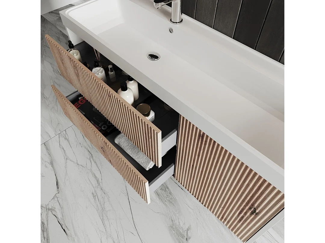 Mobile De Salle De Bain Suspendu 120Cm En Chêne Doré Avec Miroir Led Touch | Cortina