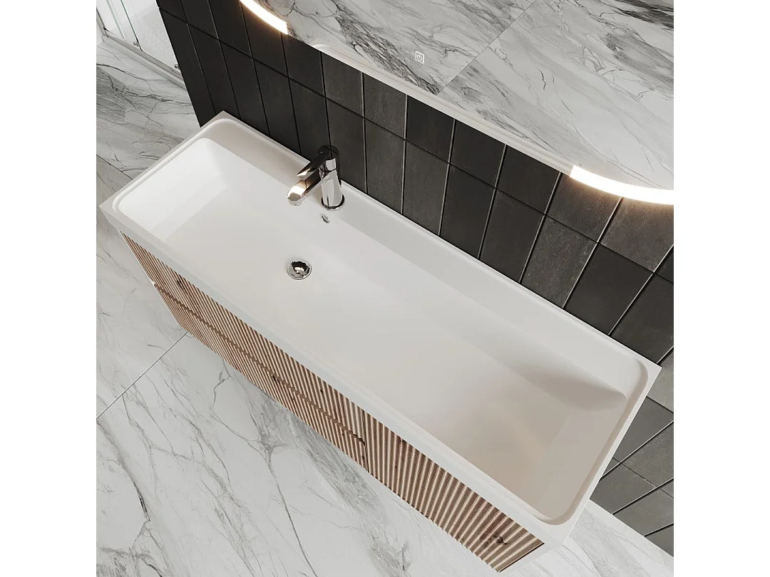 Mobile De Salle De Bain Suspendu 120Cm En Chêne Doré Avec Miroir Led Touch | Cortina