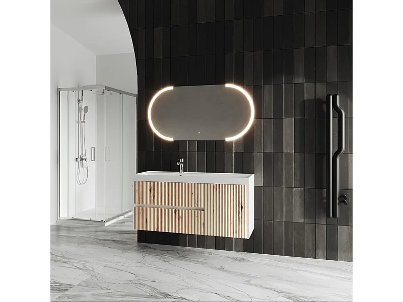 Mobile De Salle De Bain Suspendu 120Cm En Chêne Doré Avec Miroir Led Touch | Cortina