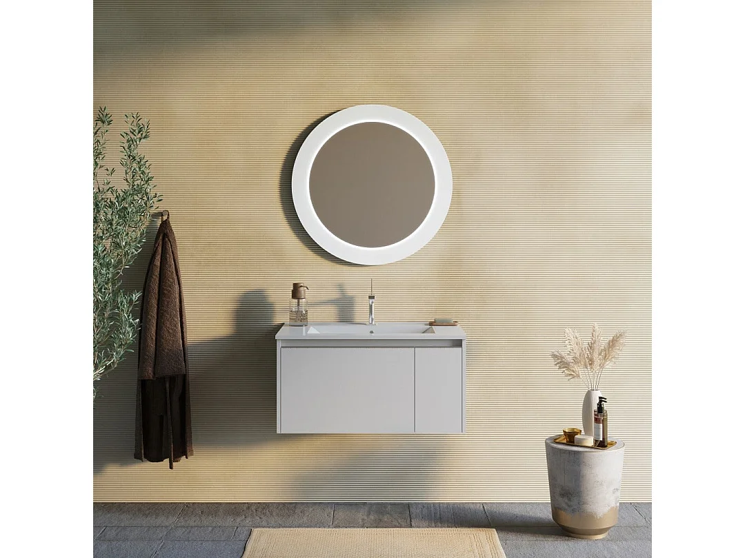 Armoire De Salle De Bain 80Cm Gris Clair Mat Avec Miroir Rond À Led | Monaco