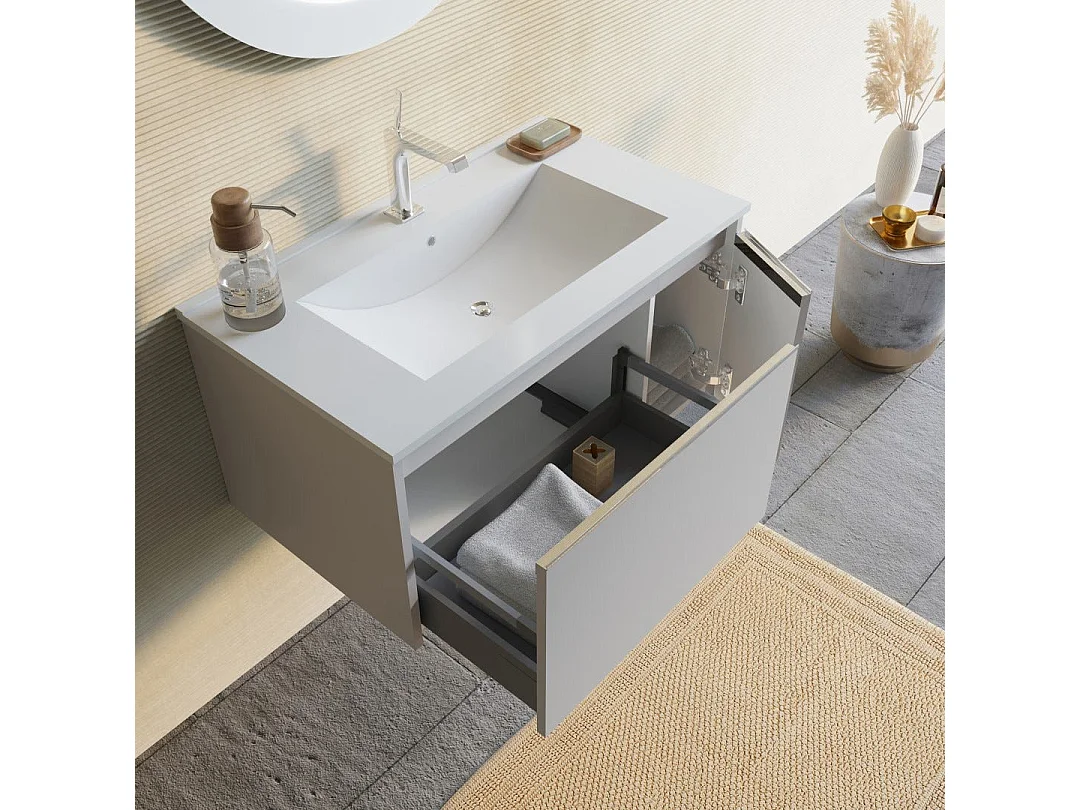 Armoire De Salle De Bain 80Cm Gris Clair Mat Avec Miroir Rond À Led | Monaco