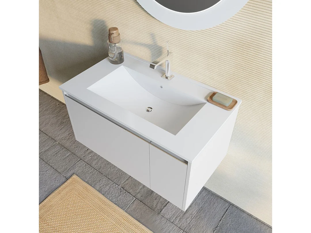 Armoire De Salle De Bain 80Cm Gris Clair Mat Avec Miroir Rond À Led | Monaco