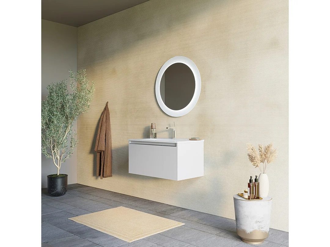 Armoire De Salle De Bain 80Cm Gris Clair Mat Avec Miroir Rond À Led | Monaco