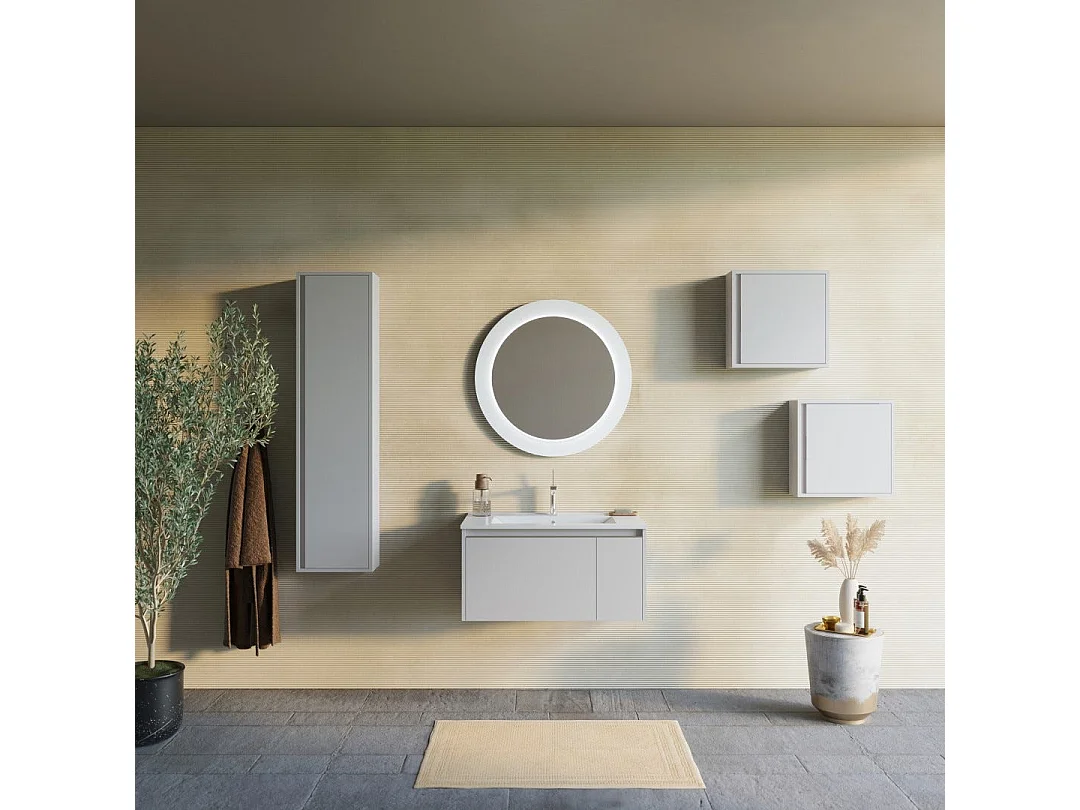 Armoire De Salle De Bain 80Cm Gris Clair Mat Avec Miroir Rond À Led | Monaco