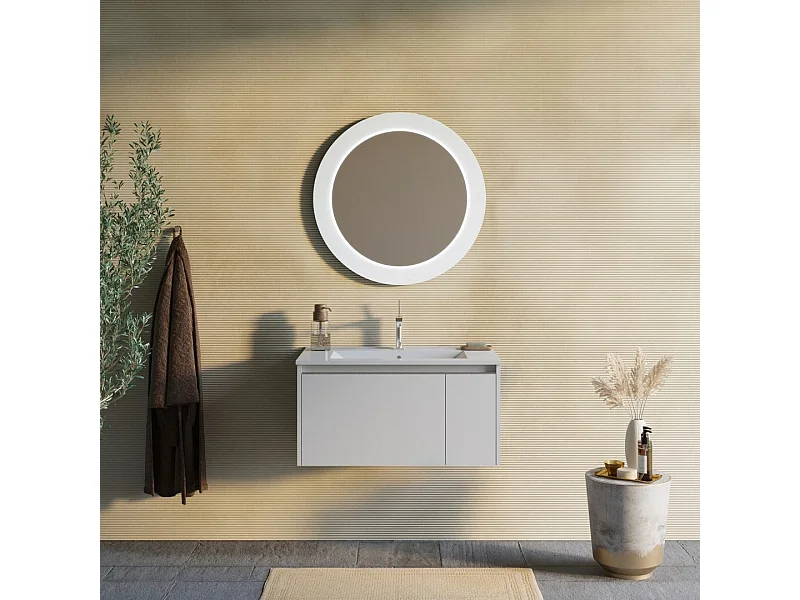 Armoire De Salle De Bain 80Cm Gris Clair Mat Avec Miroir Rond À Led | Monaco
