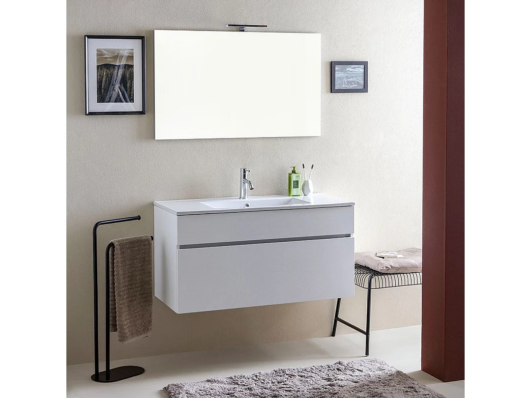 Meuble De Salle De Bain Suspendu 100 Cm Avec Tiroir Blanc Effect Bois | Sole