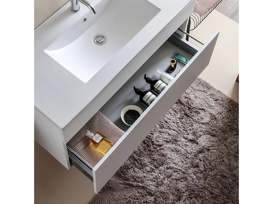 Meuble De Salle De Bain Suspendu 100 Cm Avec Tiroir Blanc Effect Bois | Sole