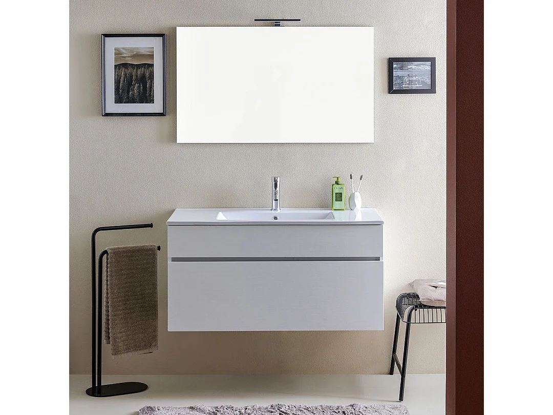 Meuble De Salle De Bain Suspendu 100 Cm Avec Tiroir Blanc Effect Bois | Sole